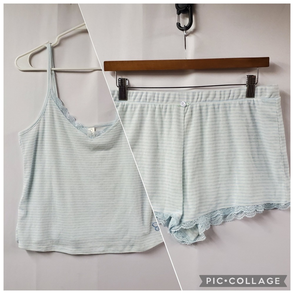 Jessica Simpson Lounge Set Womens Medium Shorts Camisole Light Blue‎ Stripe Lace